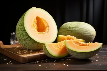 A rustic presentation of a juicy honeydew melon, with slices and a whole fruit on a wooden table