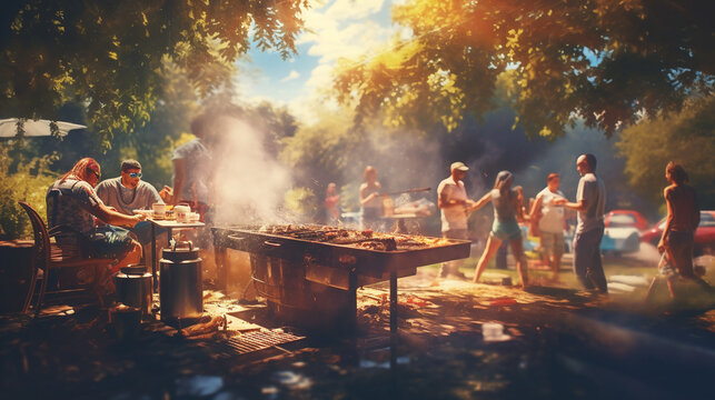 Group of friends grilling sausages on barbecue grill at summer party. Young people grilling sausages. Food, people and family time concept - man cooking meat on barbecue grill at summer garden party