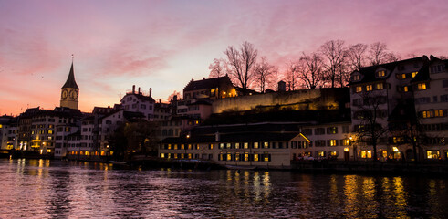 Fototapeta premium Purple skies over Zurich, Switzerland. 