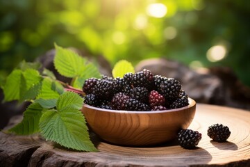 Ripe mulberries in a quaint wooden bowl, bathed in the warm glow of summer sunlight