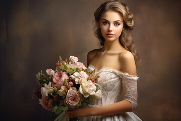 Beautiful bride in a wedding dress with a bouquet of white flowers. fashion studio photo of beautiful sensual woman with blond hair in elegant wedding dress with bouquet of flowers on dark background - Powered by Adobe