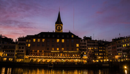 Fototapeta premium Purple skies over Zurich, Switzerland. 