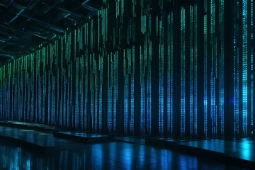 A matrix of server towers with cascading digital streams, creating a mesmerizing visual display in the midst of a sophisticated data processing environment.