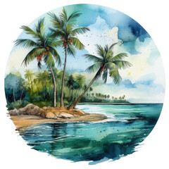 watercolor Palm tree beach circle clipart, Generative Ai