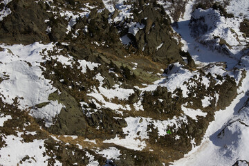 Snow-covered rocky landscape showing winter activities in a mountainous region