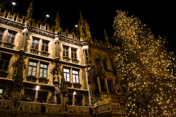 Holiday lights brighten historic building and tree in city square