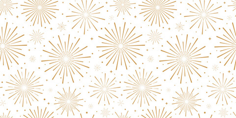 Gold fireworks seamless vector repeat pattern sunburst background with stars, elegant banner design, holiday wallpaper or textile print
