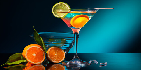 coctail on the table on wood background of night club with led club lights. Party and summer vacation.