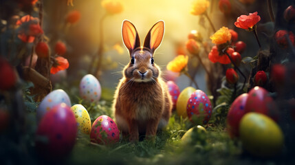 Fototapeta na wymiar Easter bunny and colorful eggs on nature background. Easter concept. Cute Easter bunny and colorful eggs on green grass at sunny day. Easter background. Happy Easter!