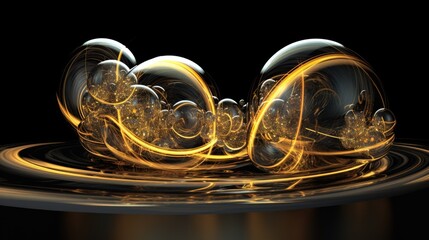 Elegant Golden Swirls in Glass Spheres on Black Background.