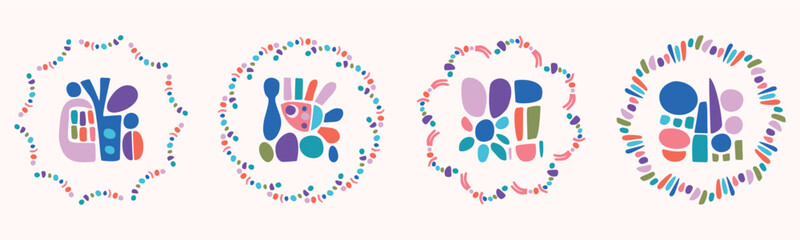 Quirky childrens monster illustration set in wreath cheerful shape style. Flat elements of vector doodles for playful kindergarten minimal art. 