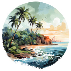 watercolor Palm tree beach circle clipart, Generative Ai