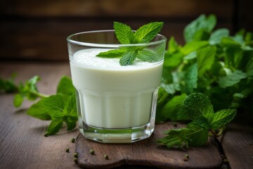 A glass of nourishing buttermilk adorned with mint leaves, placed on an old-fashioned wooden table in the bright summer sunshine