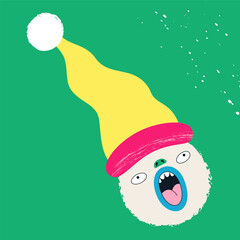 Funny snowball in a Christmas hat. New Year and Christmas mood. Template for card, poster, banner, paper, fabric. Vector illustration on isolated background in retro style.