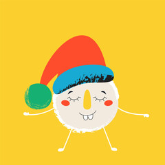 Funny snowball in a Christmas hat. New Year and Christmas mood. Template for card, poster, banner, paper, fabric. Vector illustration on isolated background in retro style.