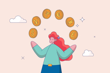Currency exchange concept. International money transfer or foreign exchange, forex trading, global financial economy or currency convert, rich businesswoman juggling various international money coins.