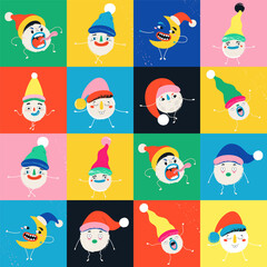 Funny snowballs in Christmas hats in retro style. Seamless pattern. Template for card, poster, banner, paper, fabric, textile. Vector illustration in modern style.