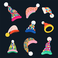 New Year and Christmas seamless pattern. Cute hats. Vector illustration in modern style. Template for fabric, paper.
