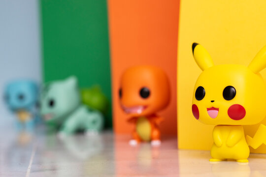 Armilla, Granada, Spain; December 6, 2023: Pok&eacute;mon Funko Pop Vinyl Figures: Pikachu, Charmander, Bulbasaur, Squirtle