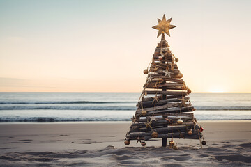 A driftwood Christmas tree in the sand on the beach in summer generated AI