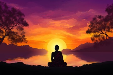 Buddha statue with sunset in the background