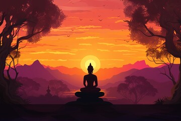 Buddha statue with sunset in the background - obrazy, fototapety, plakaty