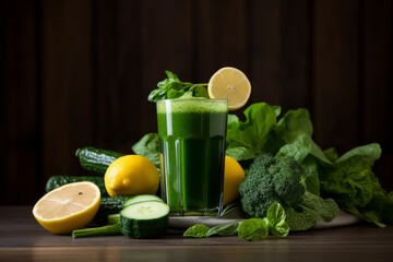 A refreshing detox smoothie made from fresh spinach, cucumber, apple, and lemon, served in a glass on a rustic table