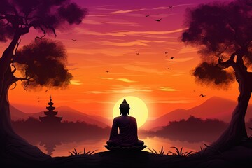 Fototapeta premium Buddha statue with sunset in the background