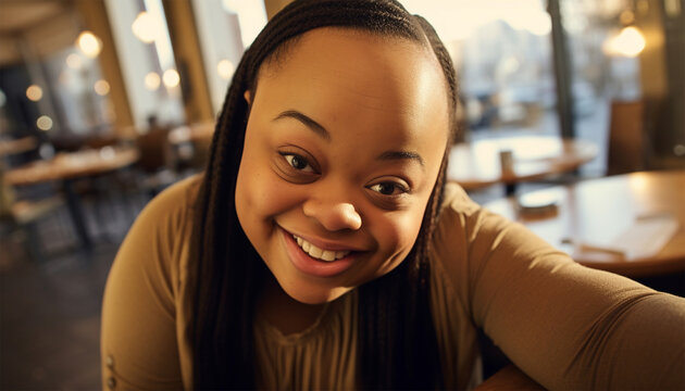 African American black Teenage girl with down syndrome taking selfie on mobile phone. Beautiful portrait of girl having fun with smartphone taking photos or making a video for social media Disability