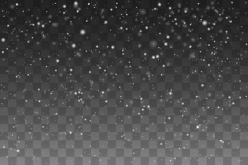 Falling realistic snowflakes on a transparent background for winter decor. New Year and Christmas background with snow in the air. Snow wallpaper, decorative element. - obrazy, fototapety, plakaty