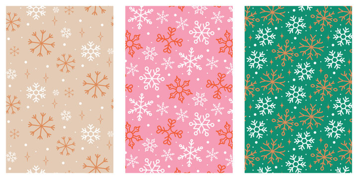 Christmas snowflakes seamless pattern set. White red and golden snowflakes on beige pink and green background. Beautful modern winter holiday design. Vector illustration.