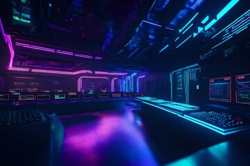 A hidden cyberpunk cave, illuminated by the glow of holographic screens as a hacker delves into the...