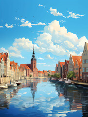 Gdask Polska Skyline, a river with boats and buildings in the background.