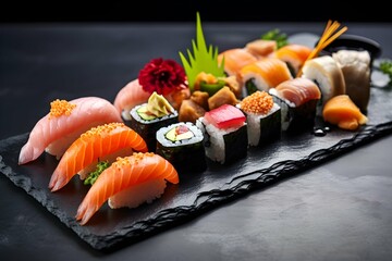 Sushi Set sashimi and sushi rolls served on stone slate. Generative AI