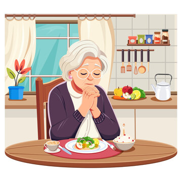 Elderly woman in the kitchen at the table alone praying before the meal. A ritual or prayer for the repose of the soul of the deceased on a memorial day. Or can be used for Thanksgiving. 