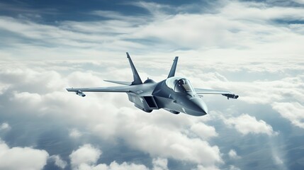 single Military plane in the sky. Grey modern warplane flying in the sky. Generative AI - obrazy, fototapety, plakaty
