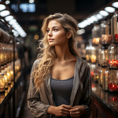 Young woman shopping in supermarket, at the cheese counter, meat counter, fruit stand, bakery, fish counter and shoe store, AI generated - obrazy, fototapety, plakaty