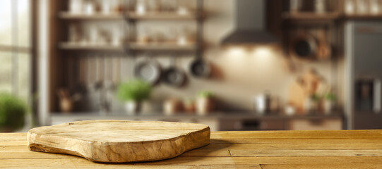 Wooden pedestal of free space for your decoration. Kitchen interior with furniture. Window and morning sun light. Board of brown wood and mockup backdrop. Empty space for your products, natural light 