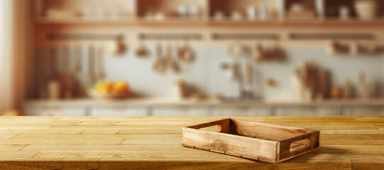 Wooden pedestal of free space for your decoration. Kitchen interior with furniture. Window and...