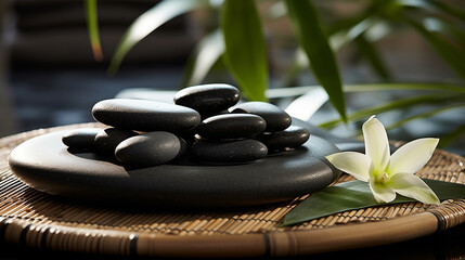 Gładkie kamienie do masażu tajskiego na bambusowej podstawce. - obrazy, fototapety, plakaty