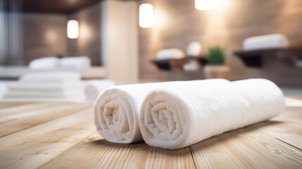 Zrolowane białe ręczniki w drewnianej eleganckiej saunie - obrazy, fototapety, plakaty