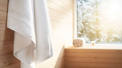 Drewniana minimalistyczna sauna z ręcznikiem wiszącym na ścianie - obrazy, fototapety, plakaty