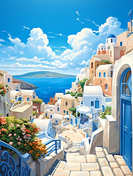 Santorino Greece Skyline, a painting of a town on a hill with a body of water in the background.
