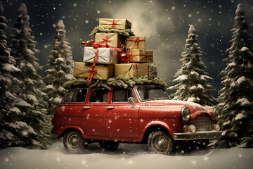 Red car with gift boxes and christmas tree on the top in forest generated AI