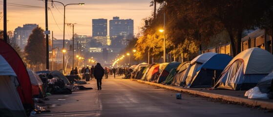 Homeless tent camp on a city street