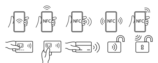 Fotobehang NFC payment with smartphone and credit card set of NFC payment icons. nfc technology icons collection. NFC contactless payment sign. Vector linear icons on a white background. eps 10 © Rick Cranches