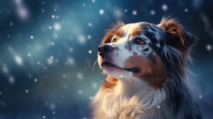 Australian shepherd dog on winter background with snowflakes and bokeh