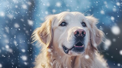 Golden Retriever in the winter park. Snowfall and snowflakes.