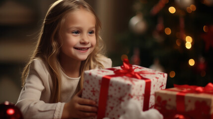 Fototapeta na wymiar Cute little girl with Christmas gift box at home, closeup