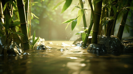 Spokojna płynąca rzeka w pomiędzy delikatną roślinnością w blasku słońca - obrazy, fototapety, plakaty